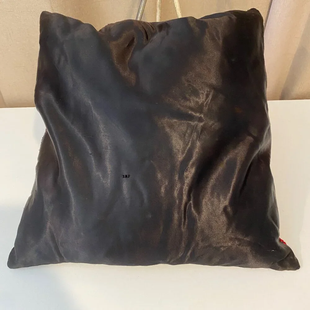 Vintage Brown Satin Pillow – Hand Embroidered‎ Deer Forest Cabin 13x13